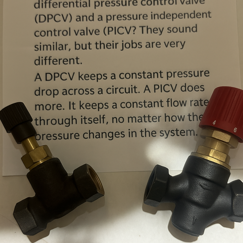A comparison chart showing DPCV vs PICV functionality in an HVAC system